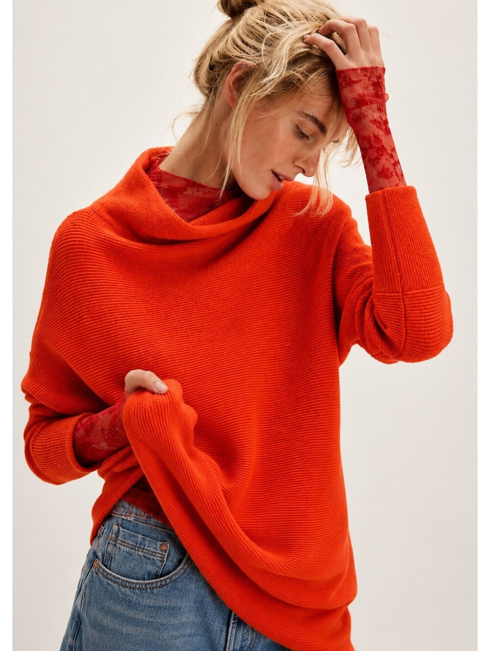 Free People Ottoman Slouchy Tunic Sweater Orange Cowl Neck Oversized Small